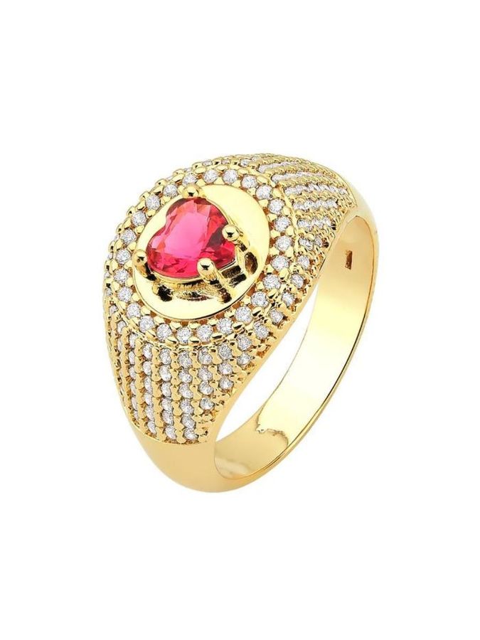 Anel Coração Rosa Cravejado Banho Ouro — banho de ouro 18k, Heali Semijoias
