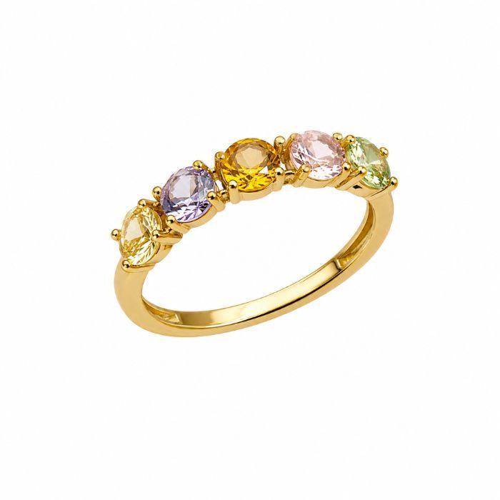 Anel Cravejado 5 Pedras Zircônia 5mm Coloridas Banho Ouro — banho de ouro 18k, Heali Semijoias