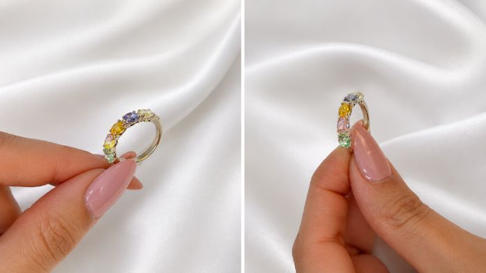 Anel Cravejado 5 Pedras Zircônia 5mm Coloridas Banho Prata — banho de prata, Heali Semijoias