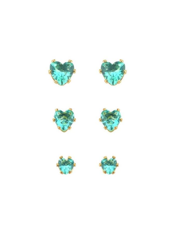 Trio DE Brincos Coracao Verde Turmalina — banho de paládio, Heali Semijoias
