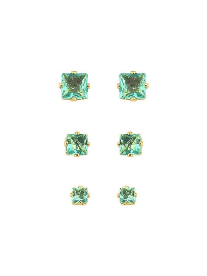 Brincos Trio DE Brincos Pontos DE Luz Quadrado Verde Turmalina — banho de paládio, Heali Semijoias
