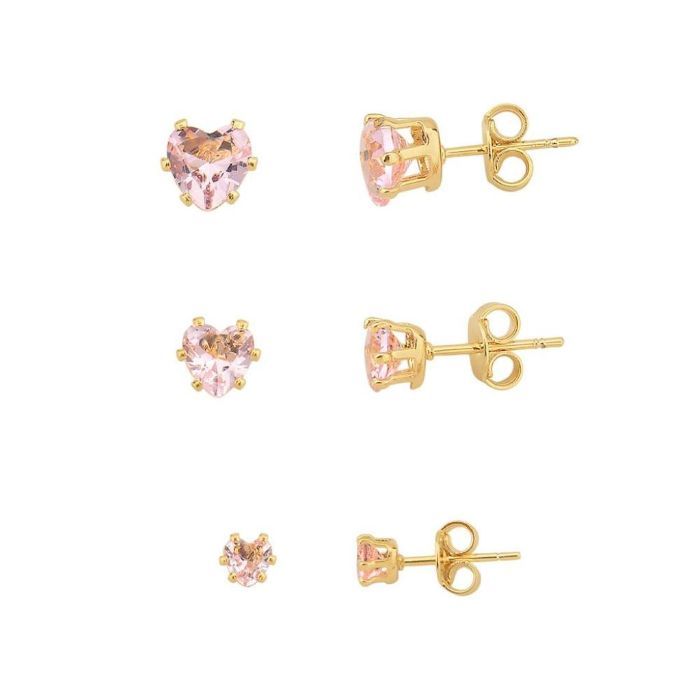 Brinco Trio Coracao Rosa Banho Ouro — banho de paládio, Heali Semijoias