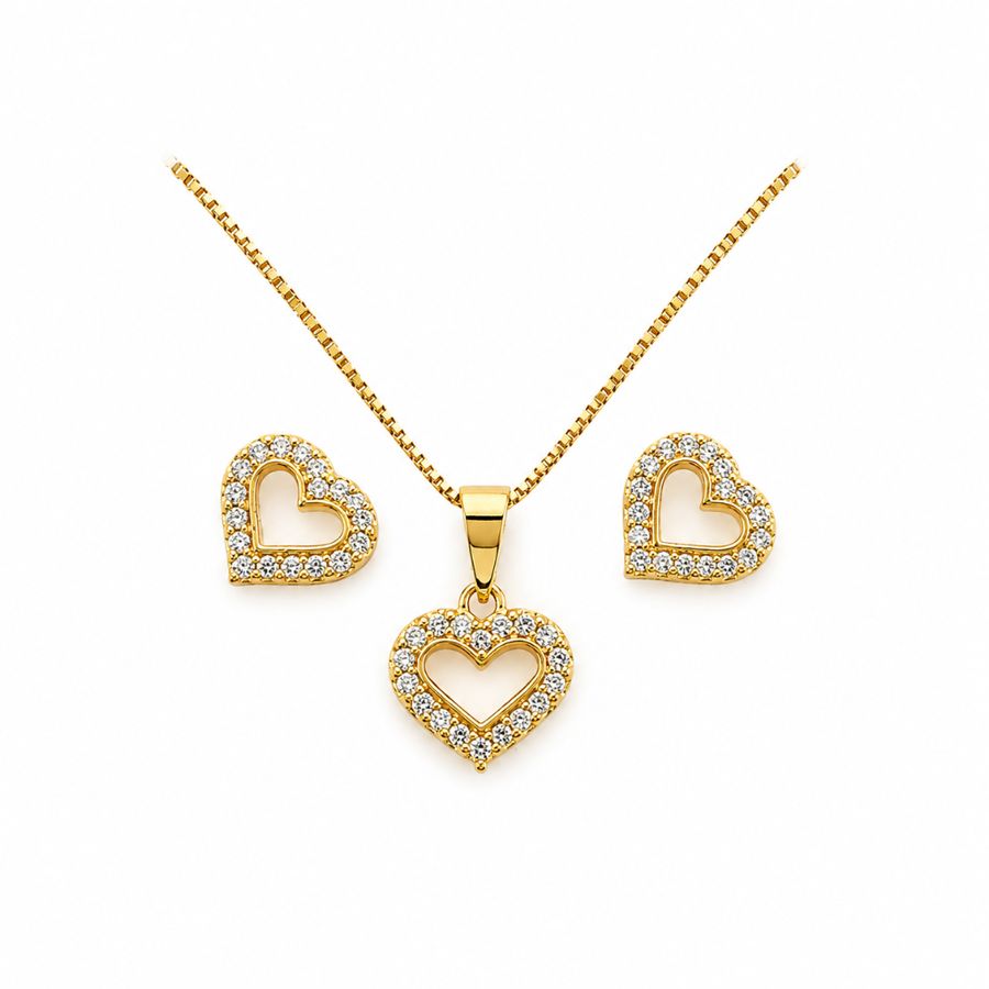 Conjunto Coração Vazado Cravejado Banho Ouro — banho de ouro 18k, Heali Semijoias