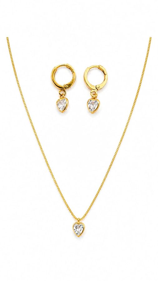 Conjunto Veneziana Coração Cristal + Argola Coração Cristal — banho de ouro 18k, Heali Semijoias