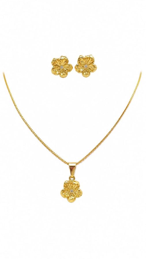 Conjunto Flor Zircônia Dourada — banho de ouro 18k, Heali Semijoias
