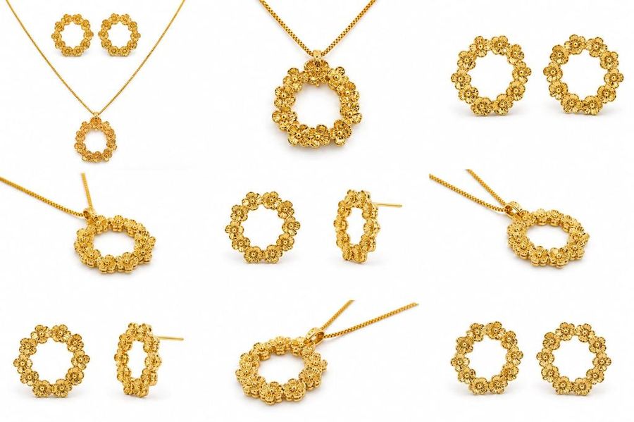 Conjunto Redondo Vazado — banho de ouro 18k, Heali Semijoias