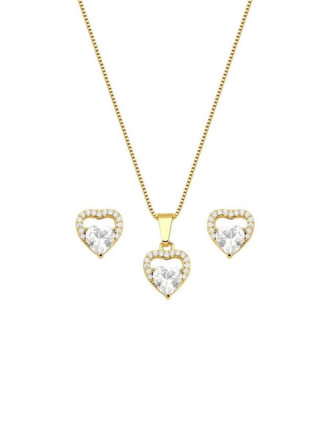 Conjunto Dois Coracoes Cravejado — banho de ouro 18k, Heali Semijoias