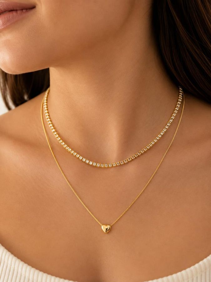 Colar Duplo Riviera Incolor E Venziana Coração Dourado — banho de ouro 18k, Heali Semijoias