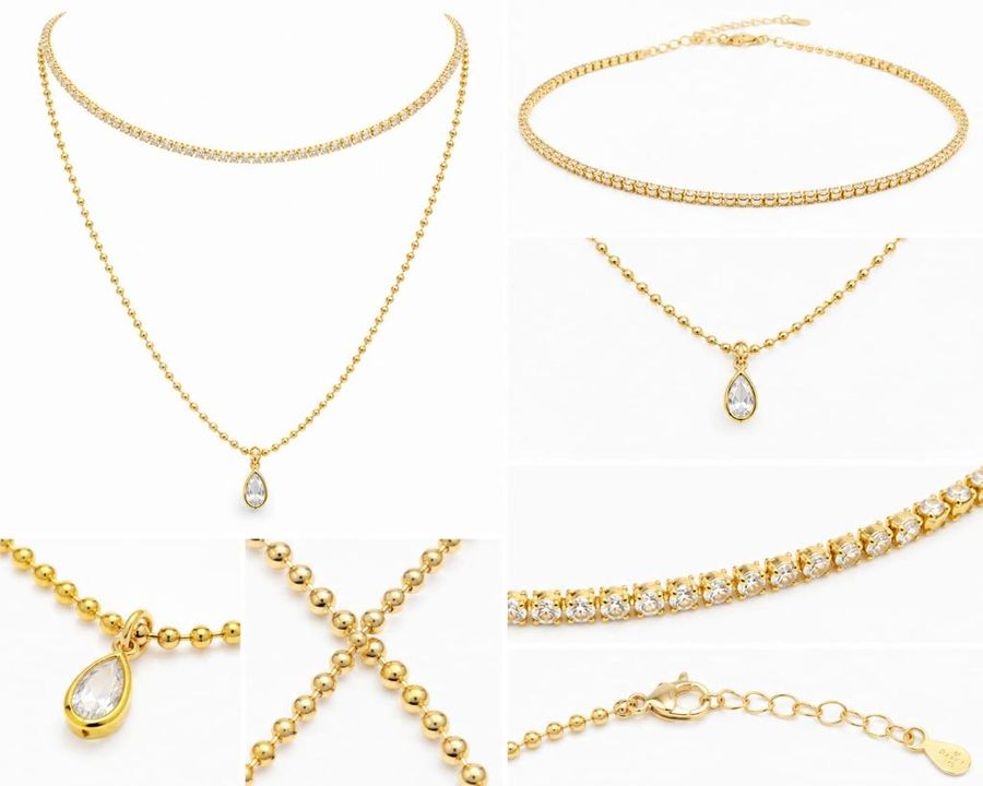 Colar Duplo Riviera E Bolinha Com Gota Cristal Dourado — banho de ouro 18k, Heali Semijoias