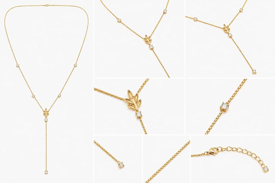 Colar Gravata Folha E Zircônias Dourado — banho de ouro 18k, Heali Semijoias