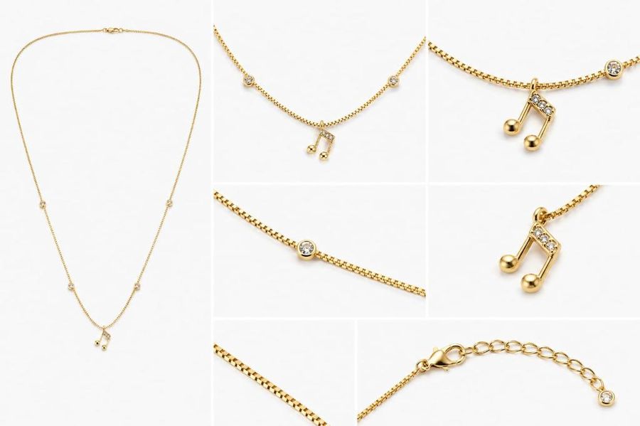 Colar Veneziana Zircônia Com Nota Musical Dourado — banho de ouro 18k, Heali Semijoias