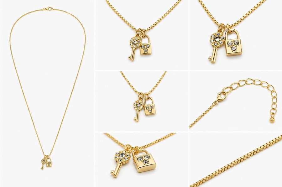 Colar Veneziana Chave E Cadeado Cravejado Dourado — banho de ouro 18k, Heali Semijoias