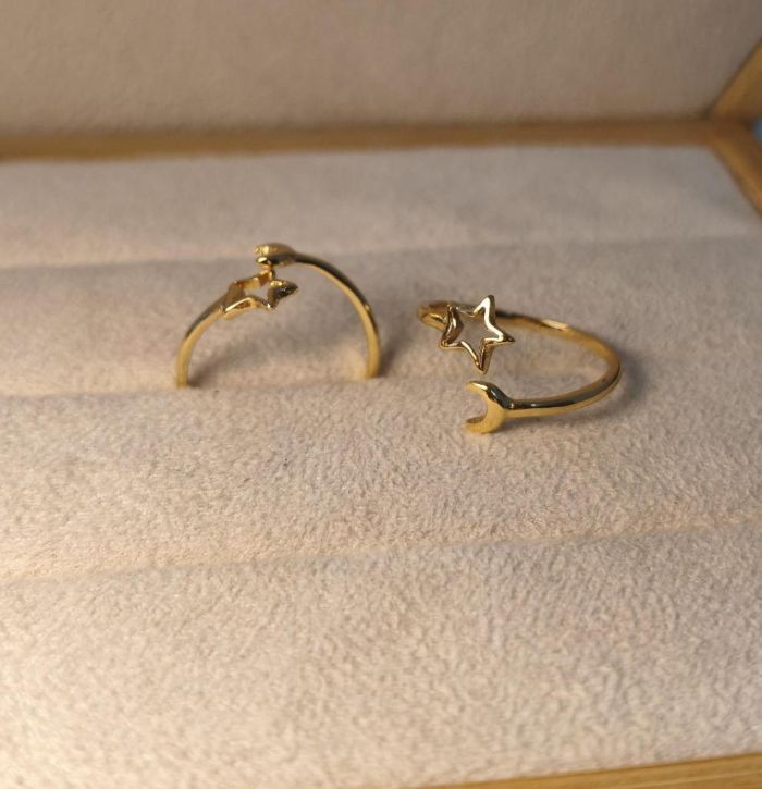 Anel Estrela E Lua Regulável — banho de ouro 18k, Heali Semijoias