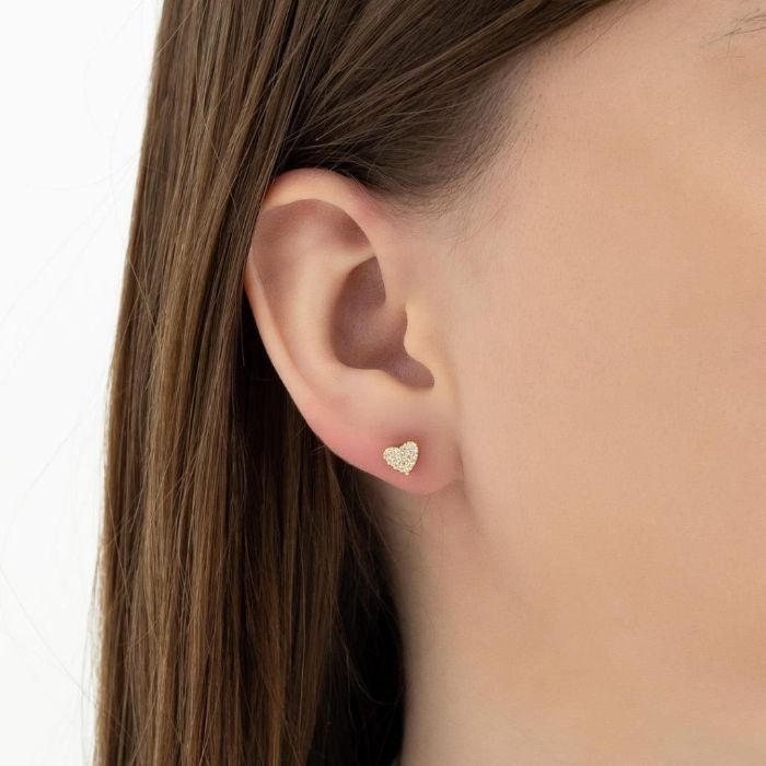Brinco Coracao Cravejado Microzirconia — banho de ouro 18k, Heali Semijoias