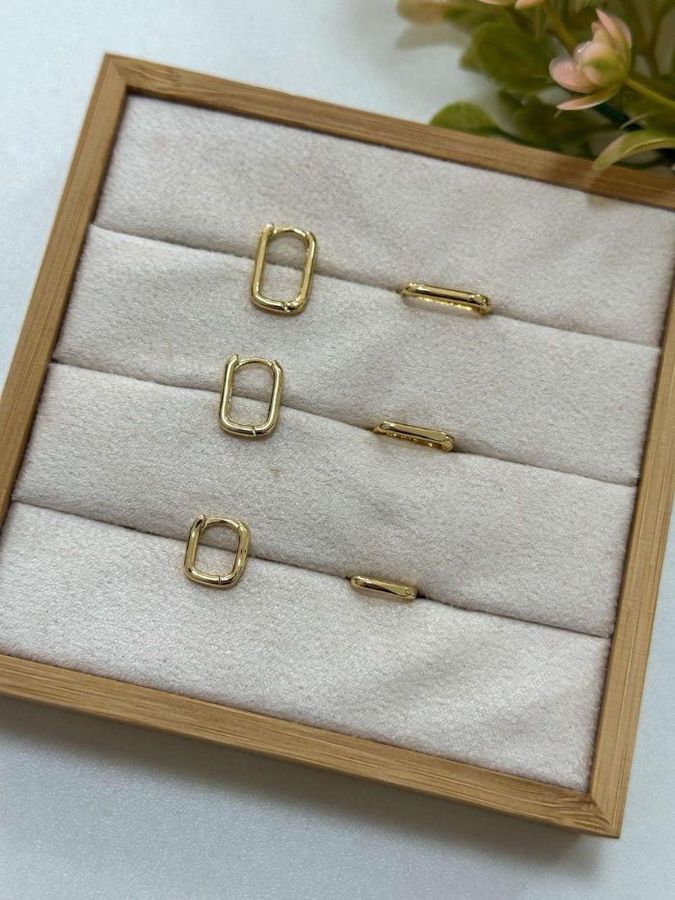 Trio DE Brincos Argolas Retangulares Banho Ouro — banho de paládio, Heali Semijoias