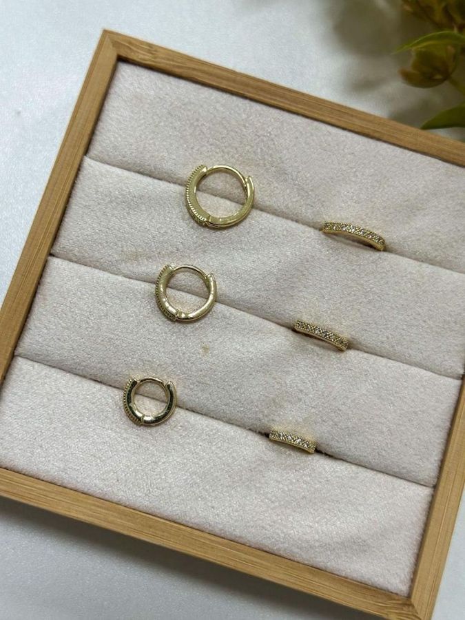 Trio DE Brincos Argolas Cravejadas Zirconia Lisas — banho de paládio, Heali Semijoias