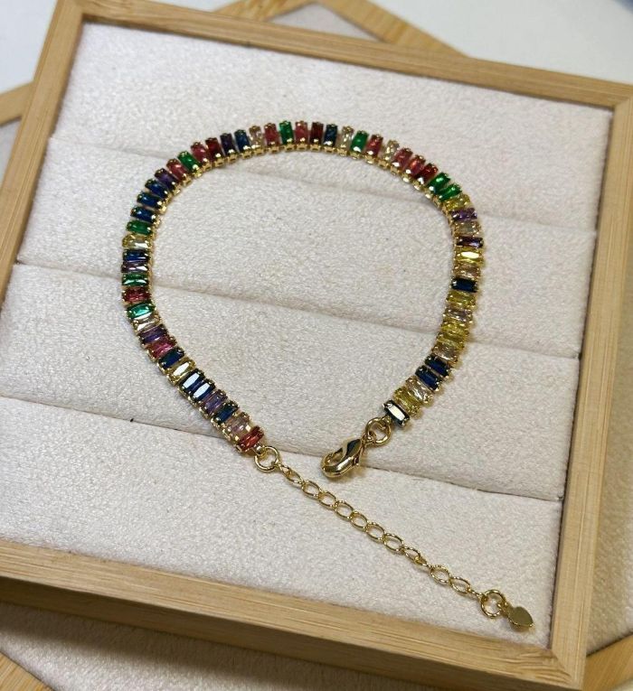 Pulseira Riviera Baguete Colorida 15+4 CM Dourada — banho de paládio, Heali Semijoias